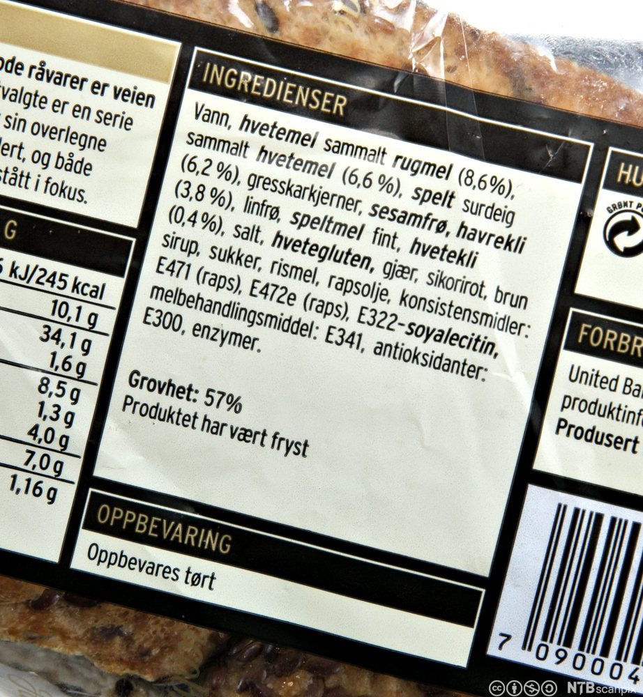 Ingrediensliste fra brød. Foto.