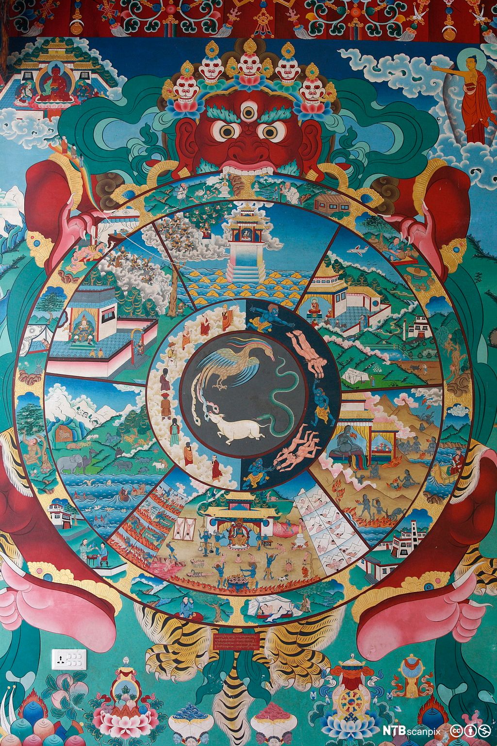 Ulike sirkler som skal forklare gjenfødelsen i buddhismen. Det er mange figurer i sterke farger inni sirklene. Maleri.