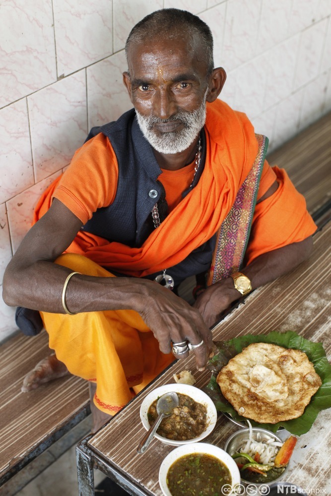 Ein sadhu et vegetarmat på ein restaurant. Han har fargerike klede, gullklokke og sølvringar. Foto.