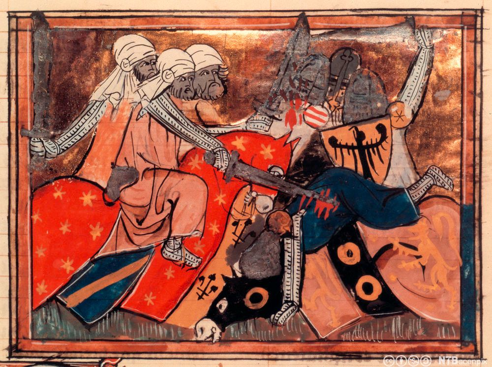 Muslimske og kristne riddere i kamp. Bokilluminasjon.