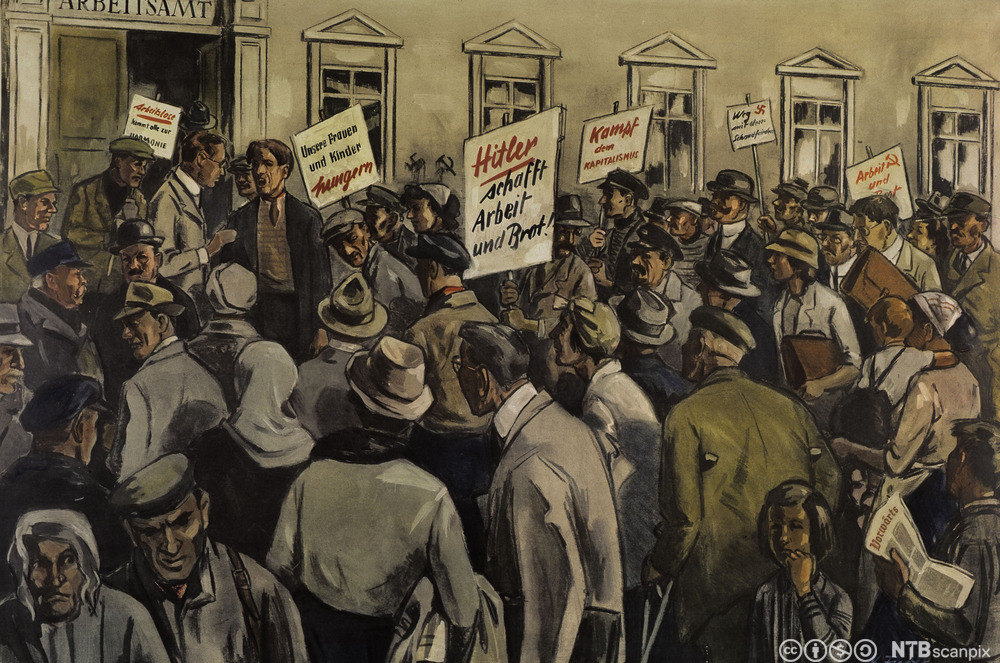 Arbeidsledige tyskere demonstrerer med plakater med slagordet "Hitler skaffer brød og arbeid". Tegning.