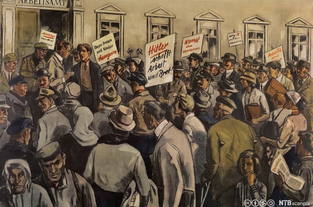 Arbeidsledige tyskarar demonstrerer og held opp plakatar med slagordet "Hitler skaffar brød og arbeid". Teikning.