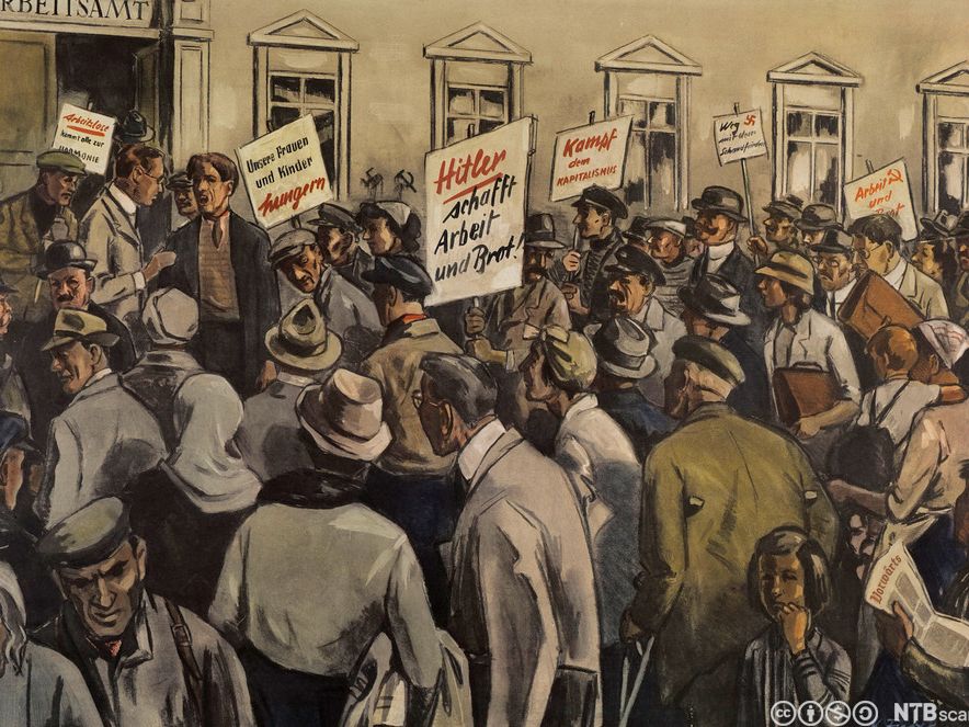Arbeidsledige tyskere demonstrerer med plakater med slagordet "Hitler skaffer brød og arbeid". Tegning.