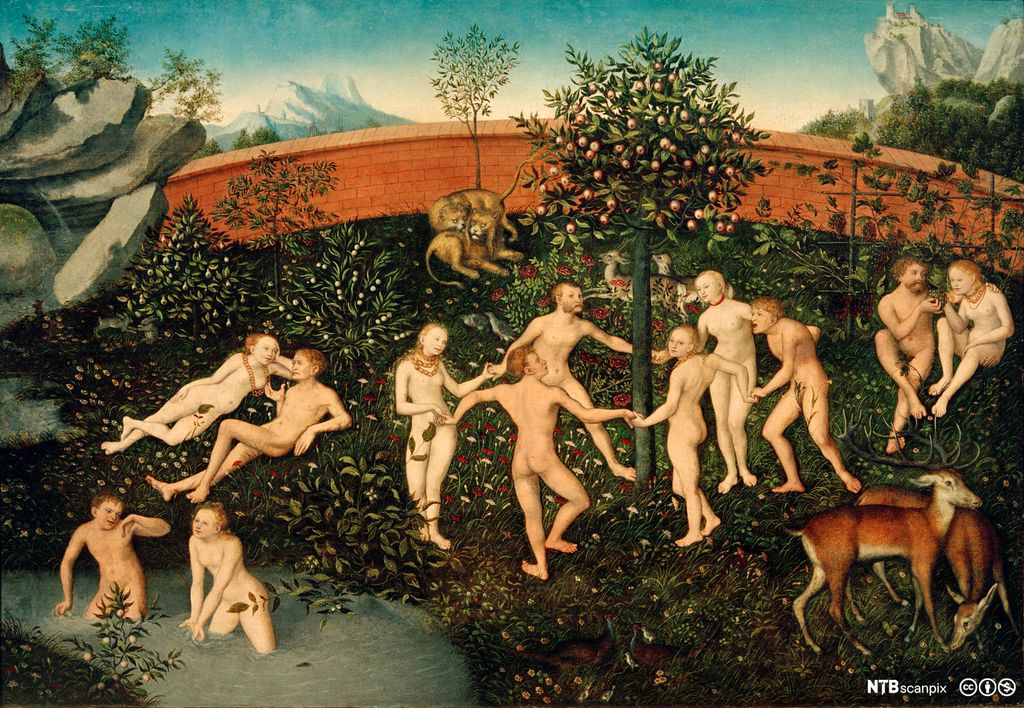 Nakne mennesker leker, danser og hygger seg i en hage omgitt av dyr. Maleri.