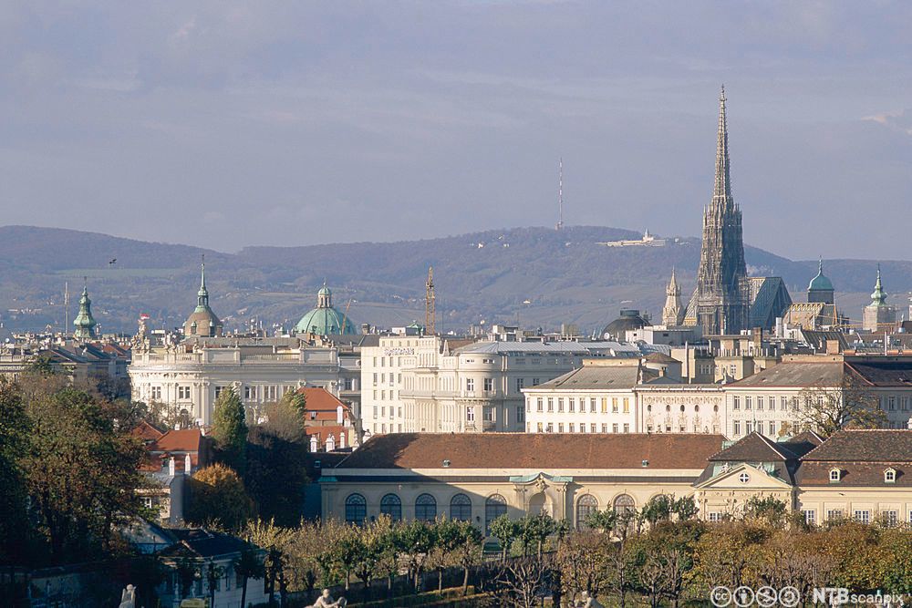 Wien. Blikk mot den nordvestlige delen av byen og Stephansdomen. Kahlenberg i bakgrunnen. Foto.
