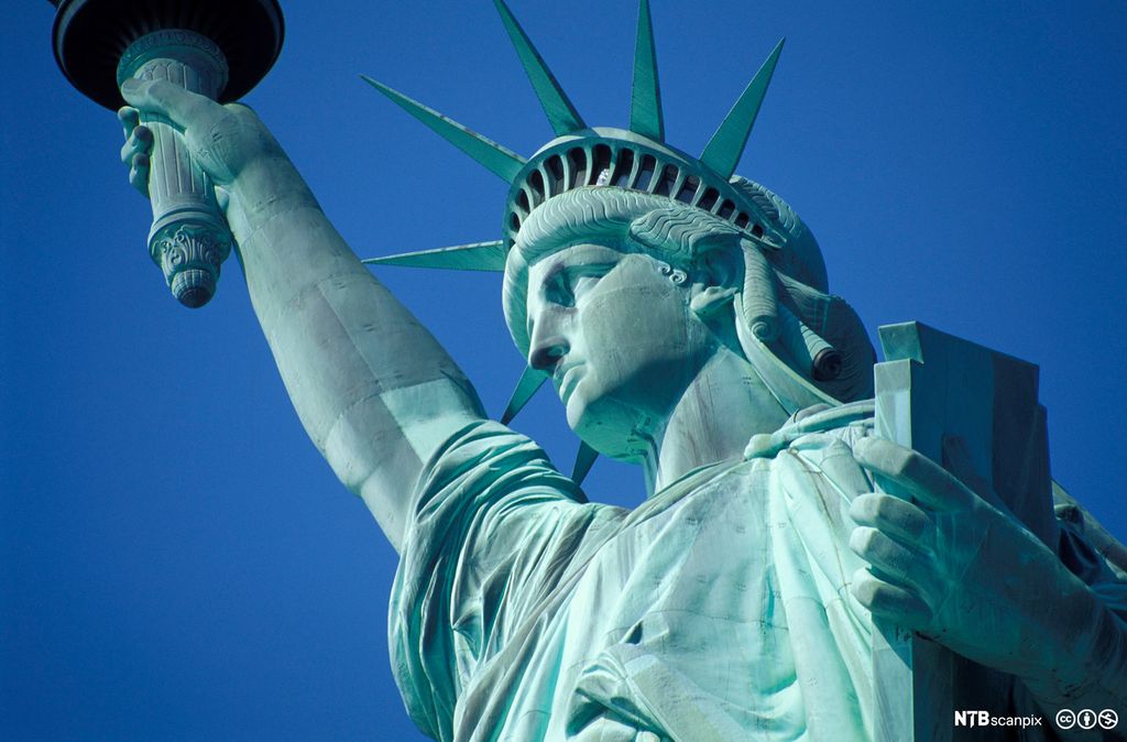 Photo: The Statue of Liberty. We see a green statue of a crowned woman wearing a robe. She is holding a book in one hand and a torch in the other. 