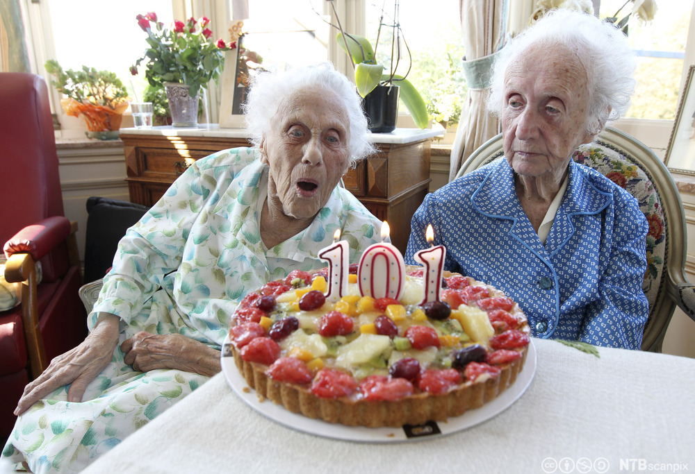 To gamle damer feirer 101-årsdag med kake. Foto.