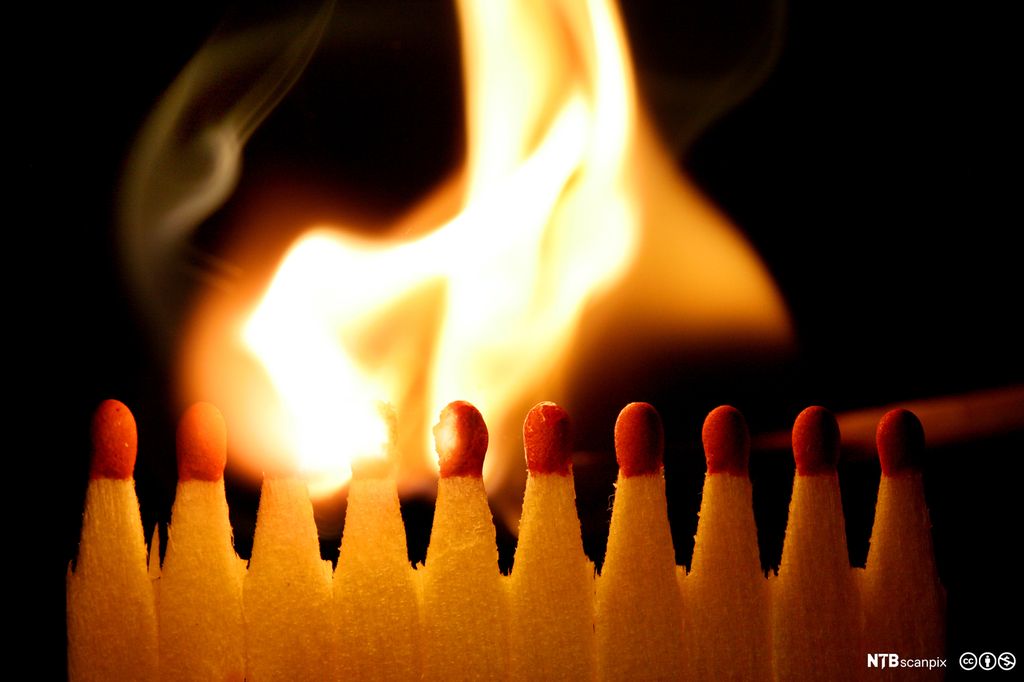 Fyrstikker som er festet sammen, tar fyr. Foto.