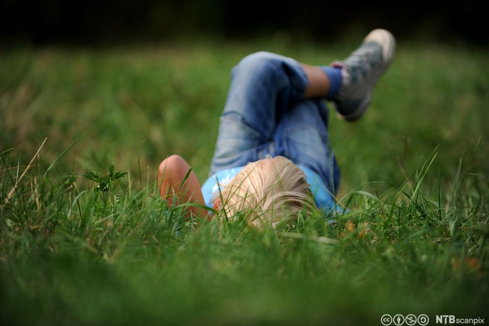 Gutt ligger i gresset og tenker. Foto.