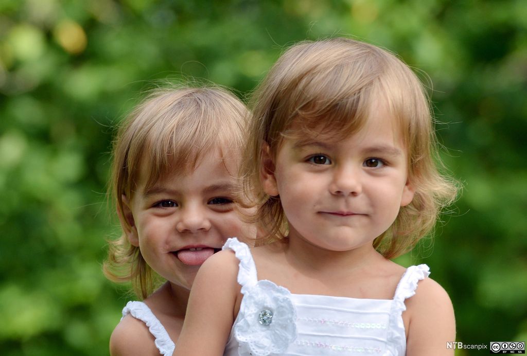To små tvillingjenter med kjoler og lyst hår. Foto.