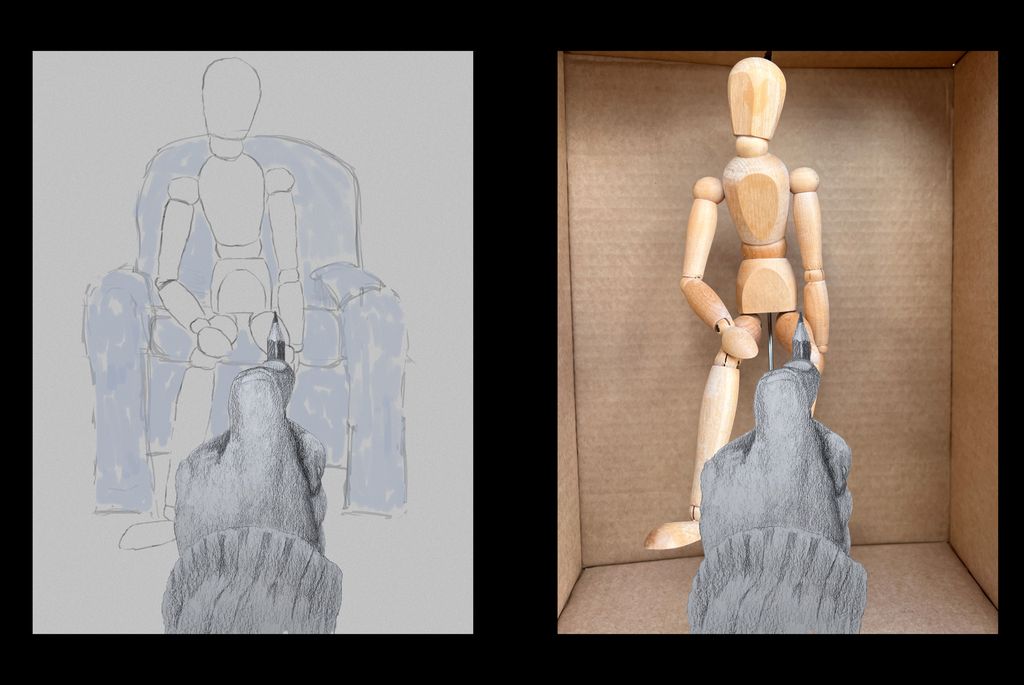 Ei skisse og eit foto av ein teiknemodell. Illustrasjon.