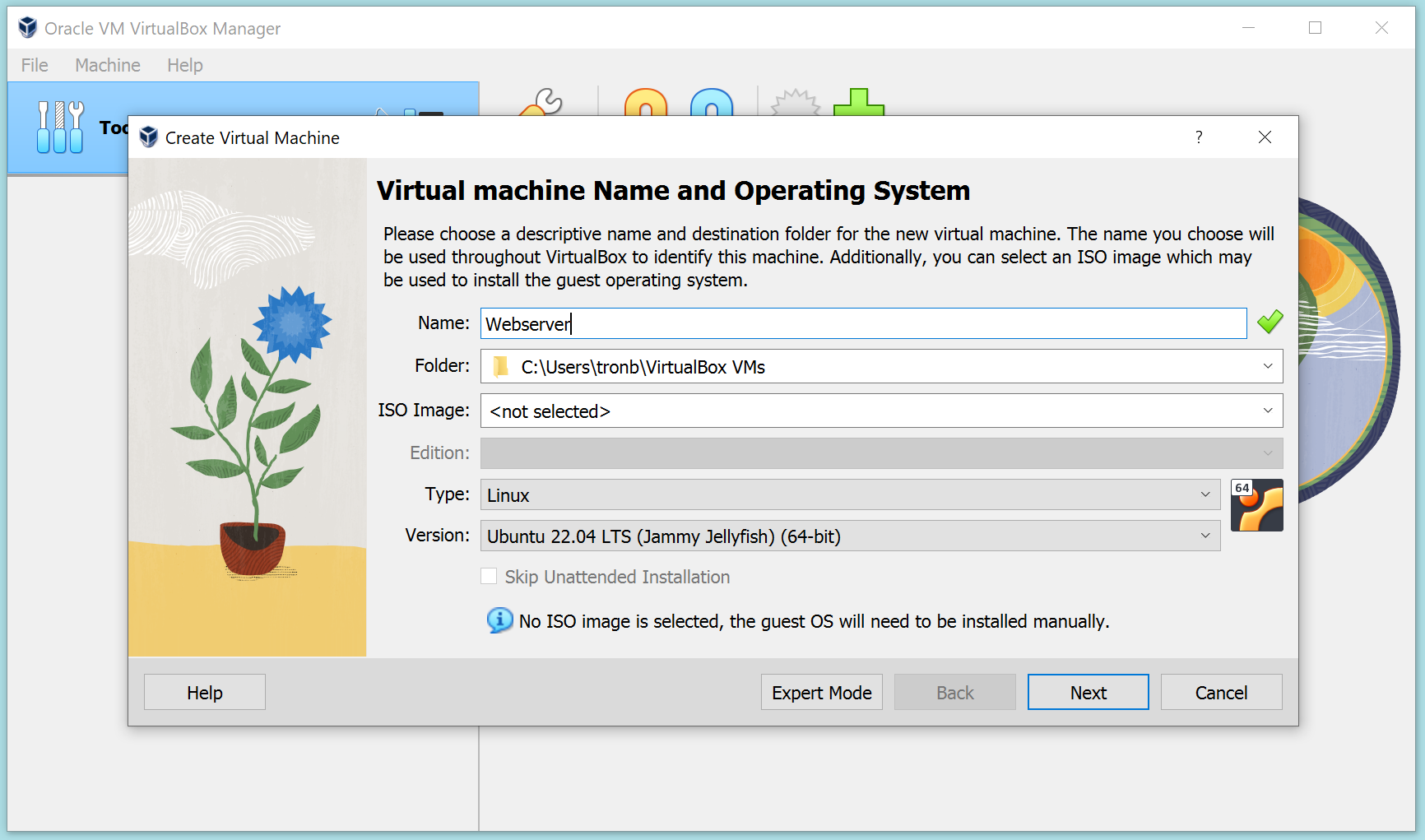 Skjermbilde fra programmet VirtualBox som viser et vindu for innfylling av VM-navn, plassering og type operativsystem som skal installeres. 
