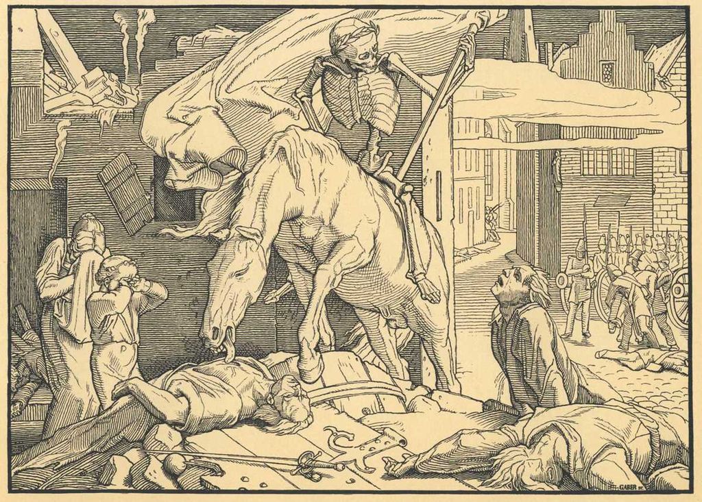 Et skjelett med hvitt flagg rir på en hest mens redde og triste mennesker ser på det. Maleri.
