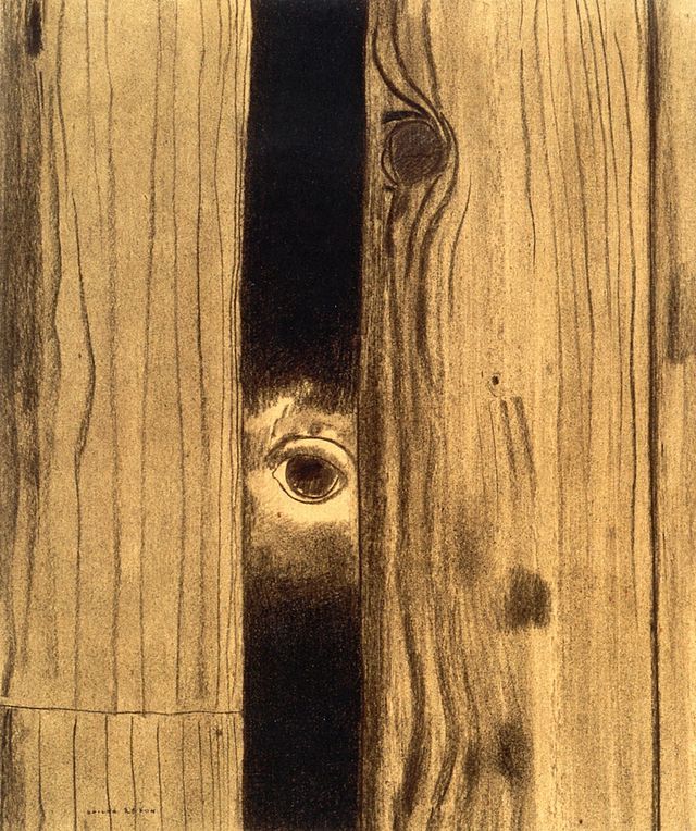 Illustration: We see an eye and part of a face looking out between two pieces of wood. All around what we see of the face, there is darkness.