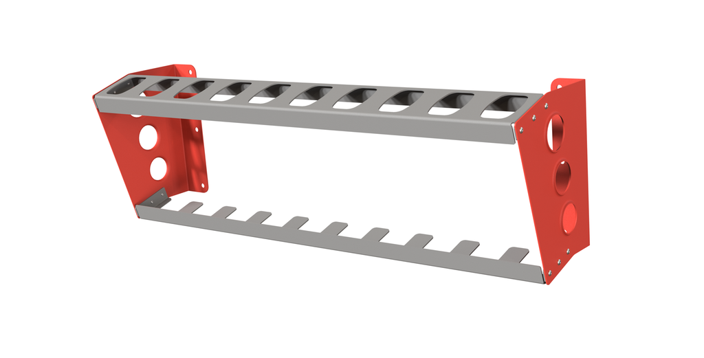 Stativ i rødt og sølvgrått for å henge på vegg med mange hull der hammere kan plasseres. Illustrasjon.