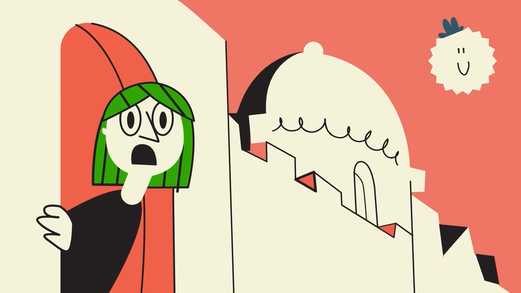 En person kikker ut av et vindu. Personen har et forskrekket ansiktsuttrykk. Illustrasjon. 