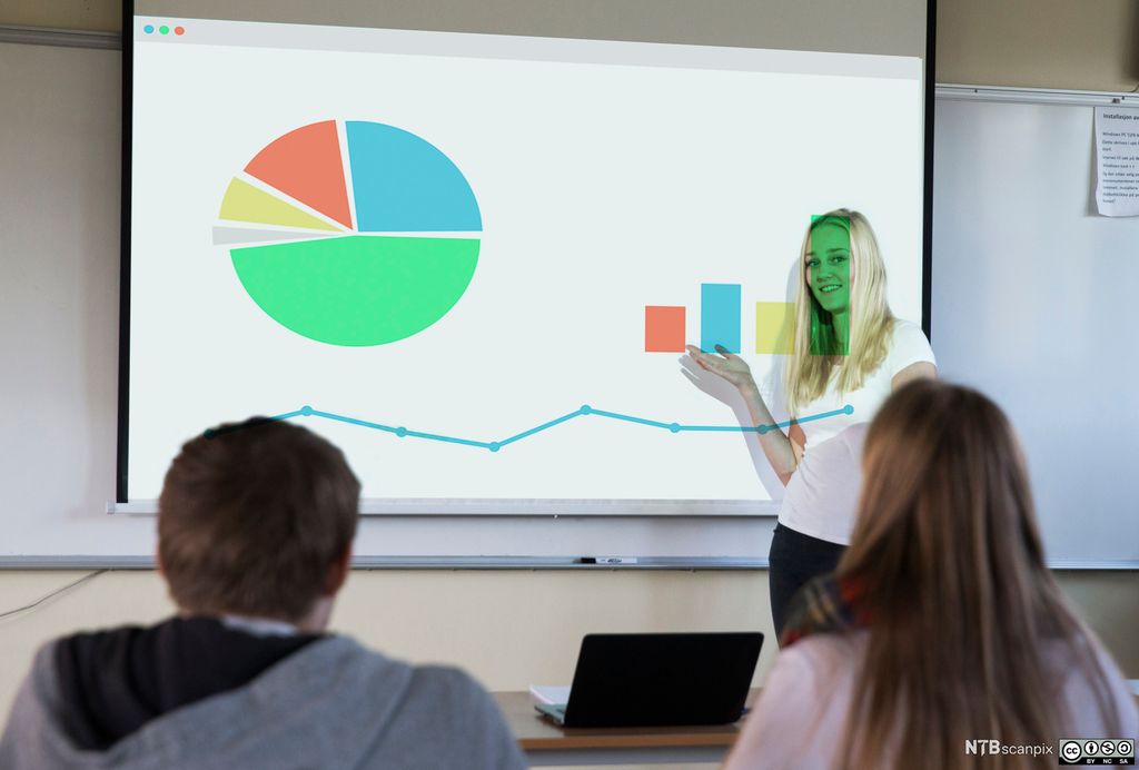 Ung kvinne viser frem statistisk fremstillling i form av kake- og søylediagrammer på en skjerm. Foto.