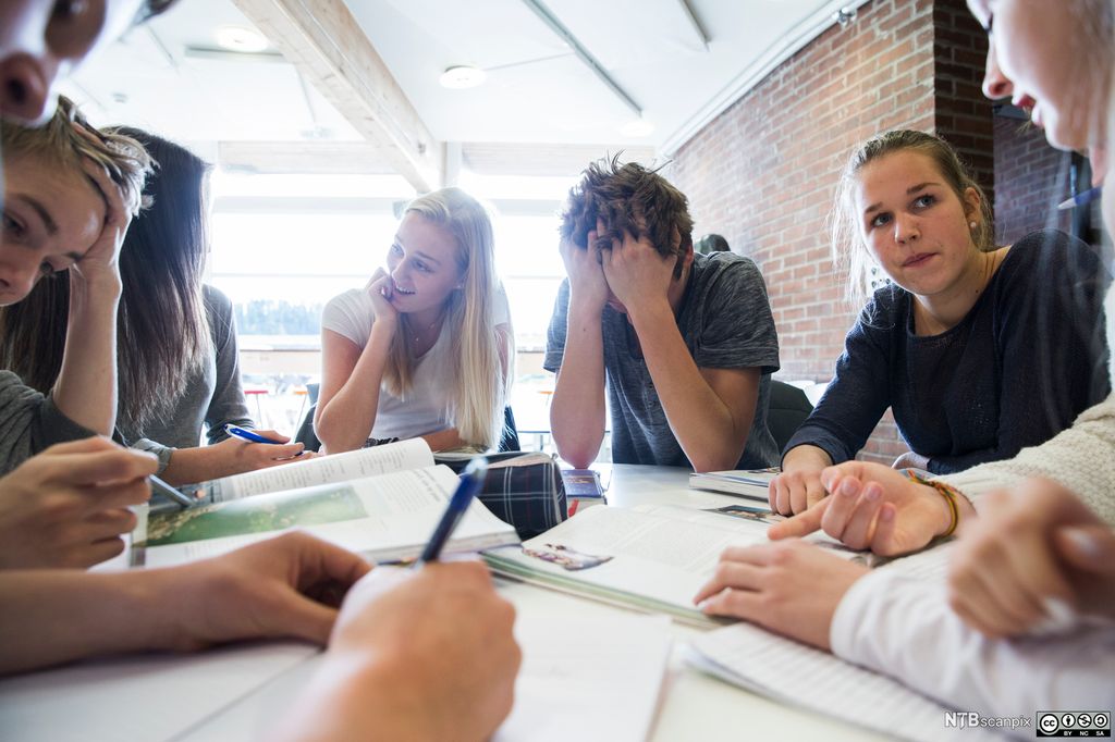 Elever sitter rundt et bord og snakker sammen. Foto.