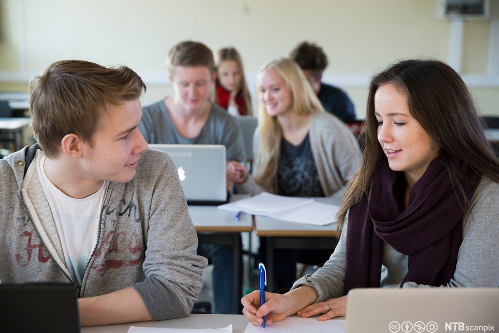 Elever som samarbeider to og to. Foto.