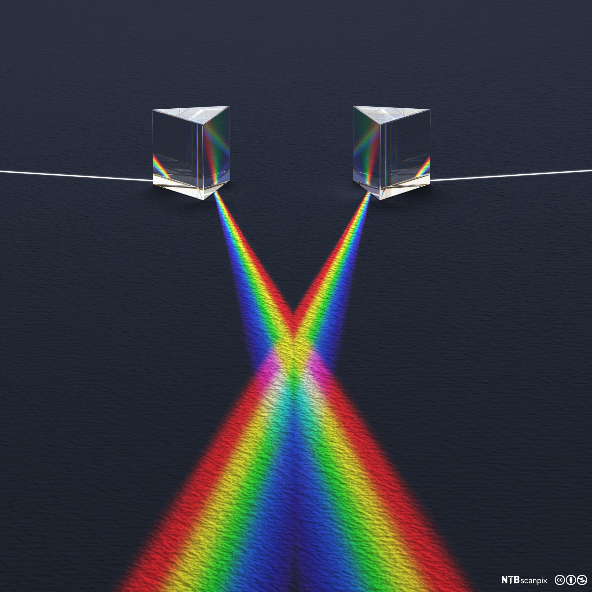 Lysspekter fra to prismer krysser hverandre. Illustrasjon.