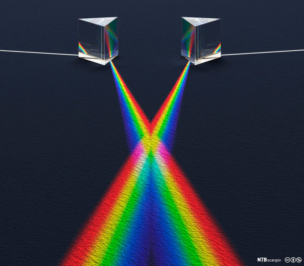 Lysspekter fra to prismer krysser hverandre. Illustrasjon.