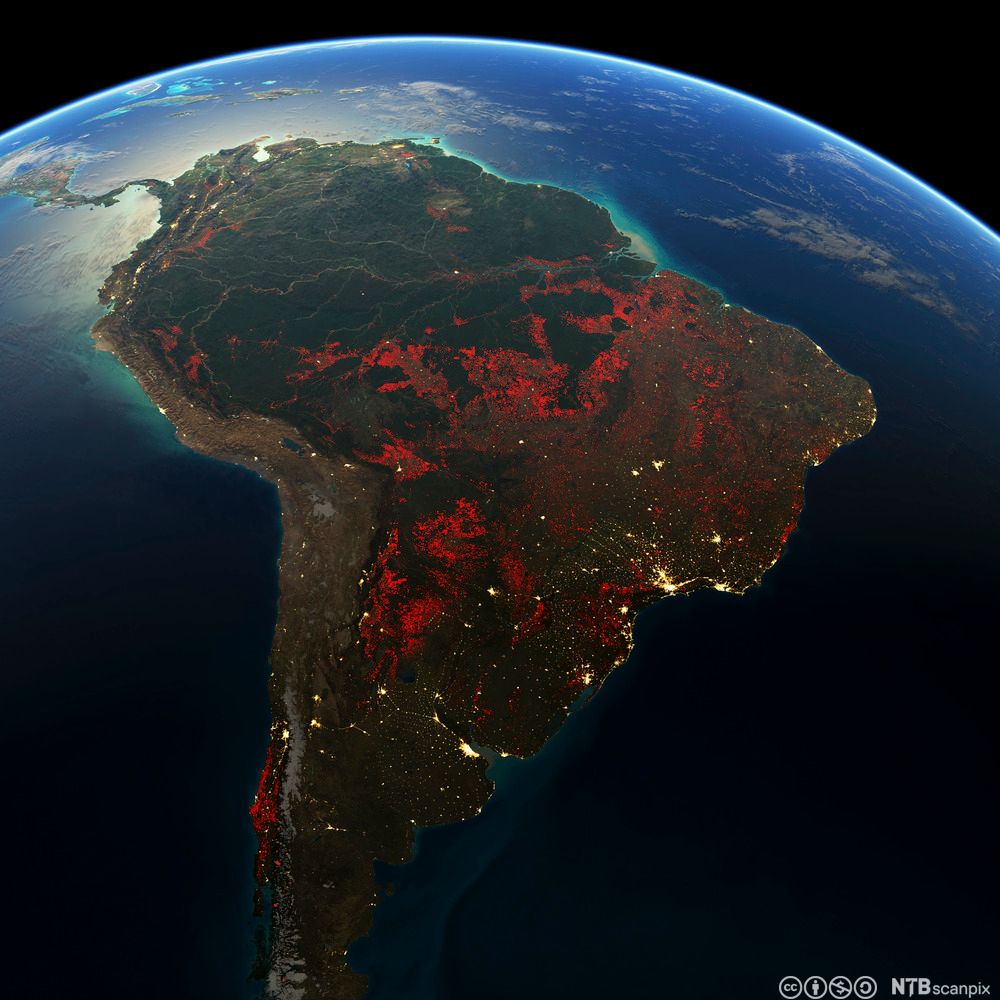 Sør-Amerika med røde og svarte felt og gule flekker. Satellittfoto.
