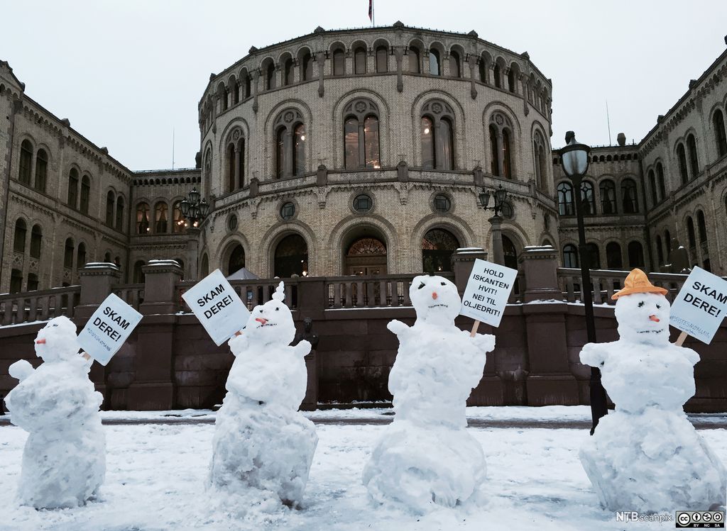 Snømenn protesterer med plakatar framfor Stortinget. Foto.