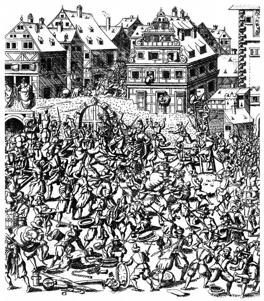 Tyske innbyggere i Frankfurt stormer og plyndrer den jødiske ghettoen i 1614. Gammel tegning.