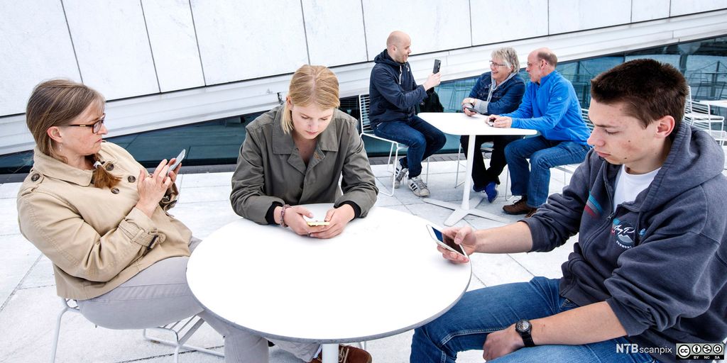 Unge som er opptatt av hver sin mobiltelefon. Foto.