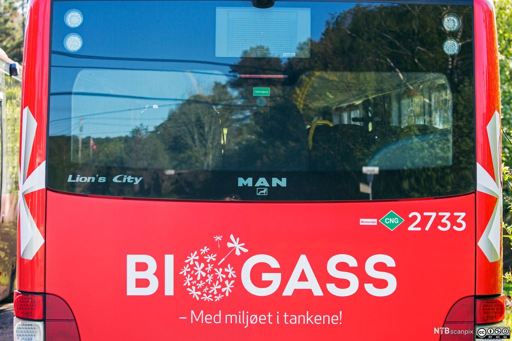 Buss merket med teksten "Biogass – med miljøet i tankene". Foto.
