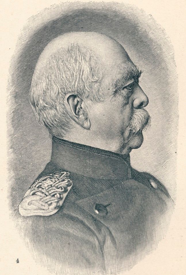 Portrett av Bismarck i profil. Han har uniform med staselige epåletter, er skallet på toppen av hodet, men har tykk bart. Tegning.