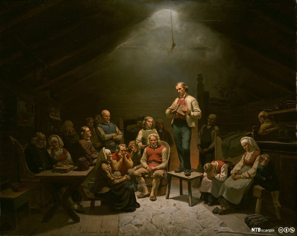 Maleriet forestiller en gruppe bønder i folkedrakter som er samlet i en enkel, mørk stue for å høre på en predikant. De er alvorlige. Predikanten står på en krakk midt i rommet og holder en bok. Man forstår ut fra tittelen at mannen er tilknyttet den kristne vekkelsesbevegelsen haugianismen på begynnelsen av 1800-tallet.