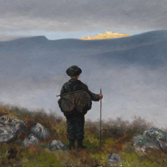 Maleri av en vandrer i fjellheimen står med ryggsekk og stokk med ryggen mot oss og ser mot et lysende slott i horisonten. Foto.