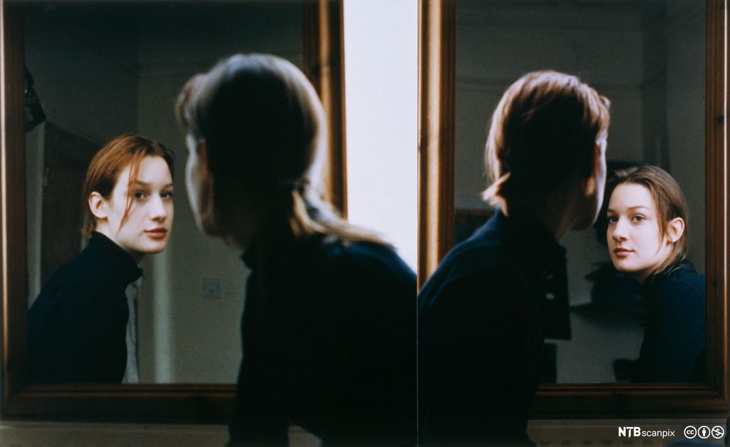 Tvillingar som ser seg sjølv i spegelen. Foto.