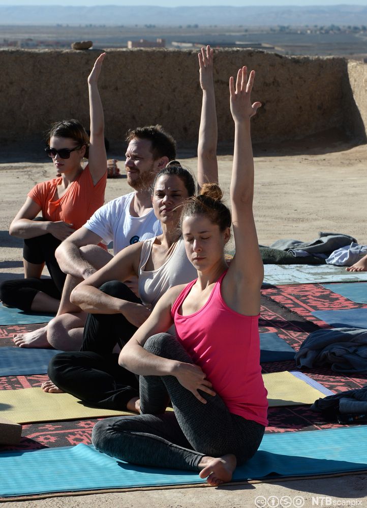 Fire personer som gjør sittende yoga-øvelse. Foto.