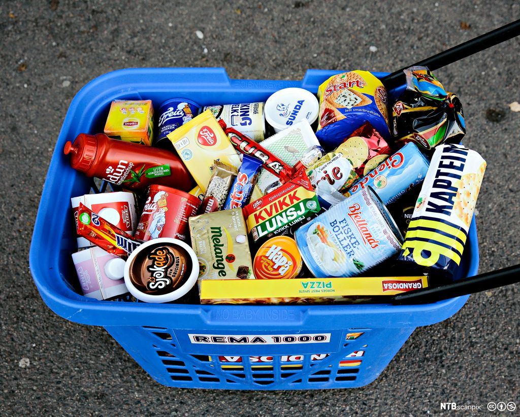 En blå handlekurv full av matvarer. Foto.