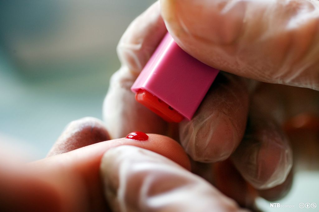 Hånd med hansker holder finger med bloddråpe på tuppen. Foto.