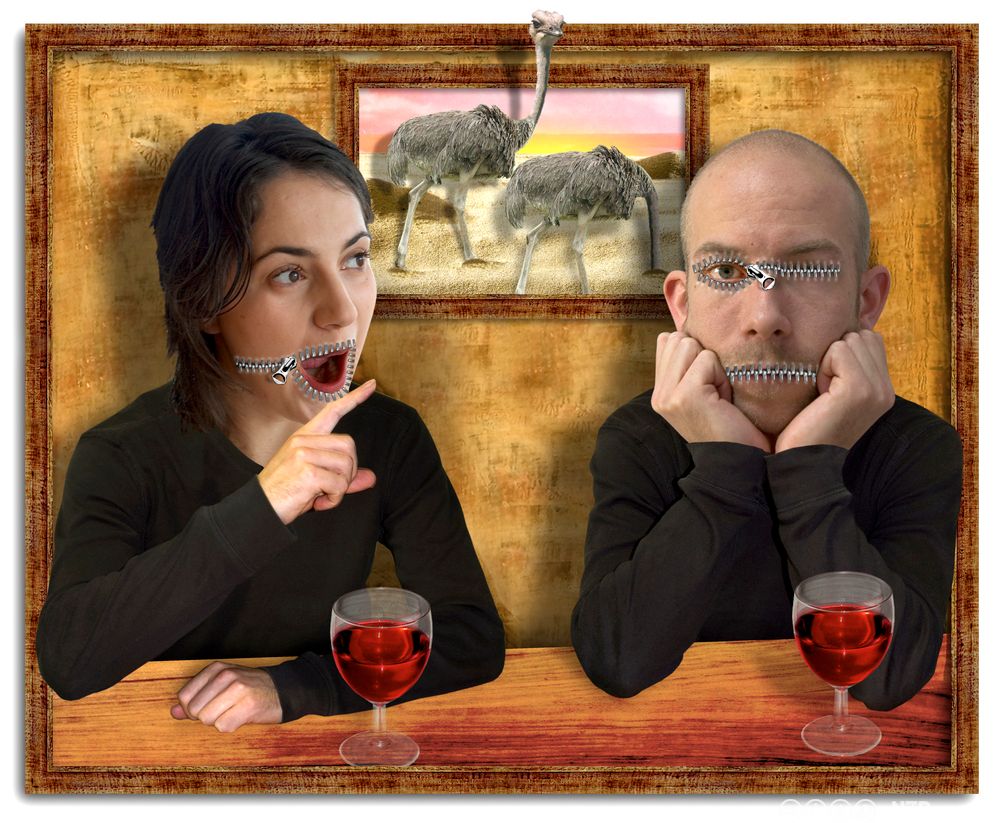 Kvinne som snakker og mann som tier stille, med glidelåser til munn. Illustrasjon.