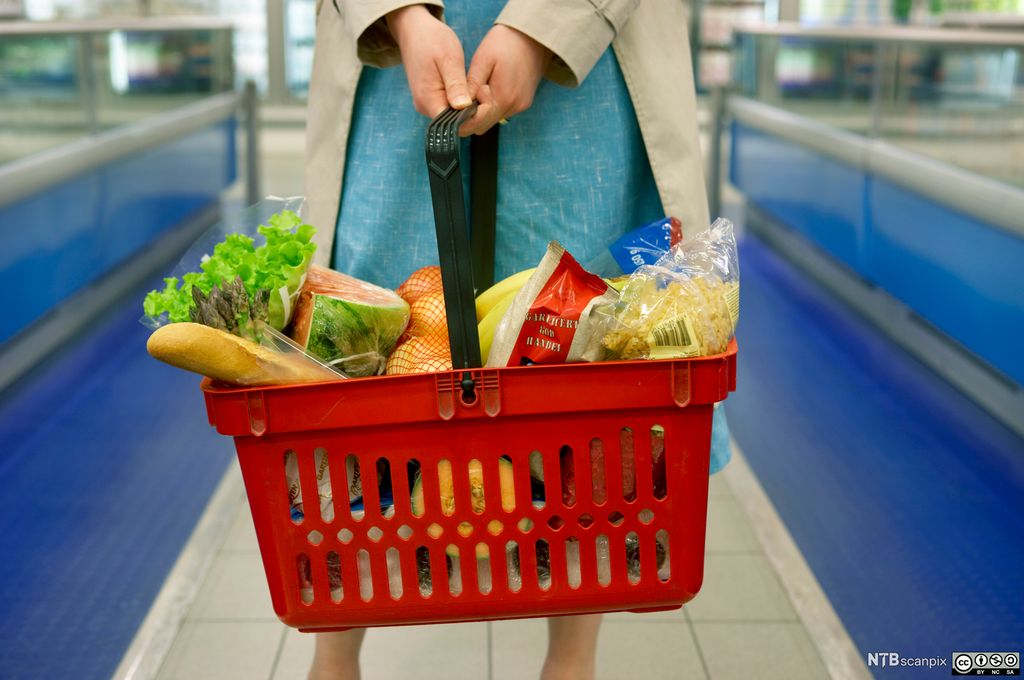 En dame står med en handlekurv full av dagligvarer i en matvarebutikk. Foto.