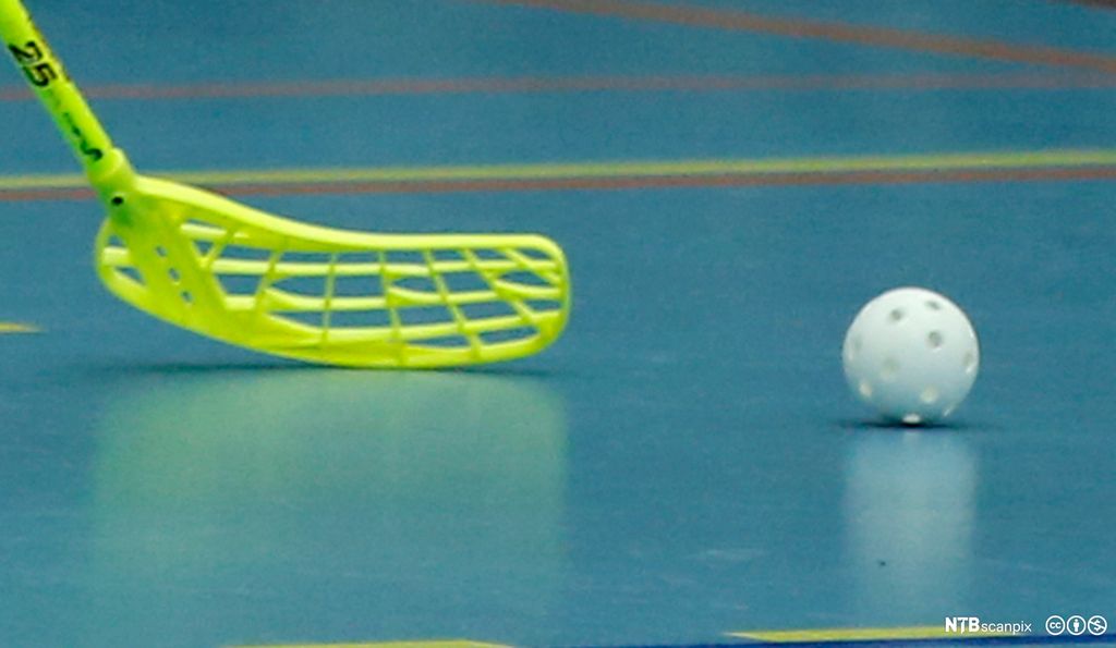 Nærbilde av bandykølle og bandyball. Foto.