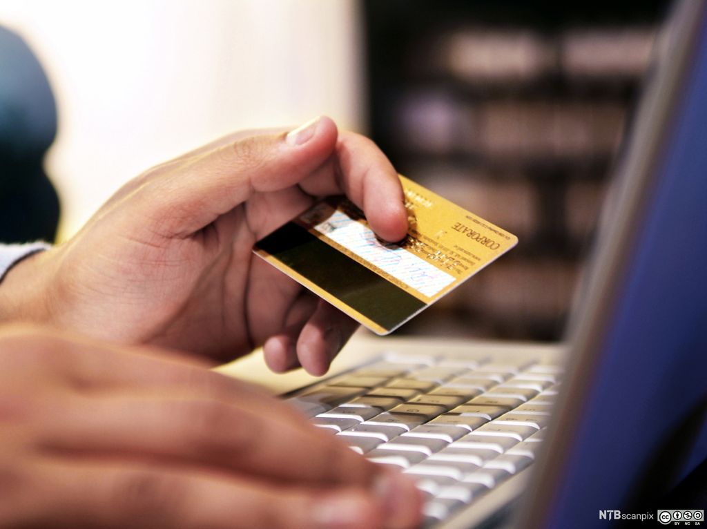 En person bruker kredittkort ved netthandel. Foto. 