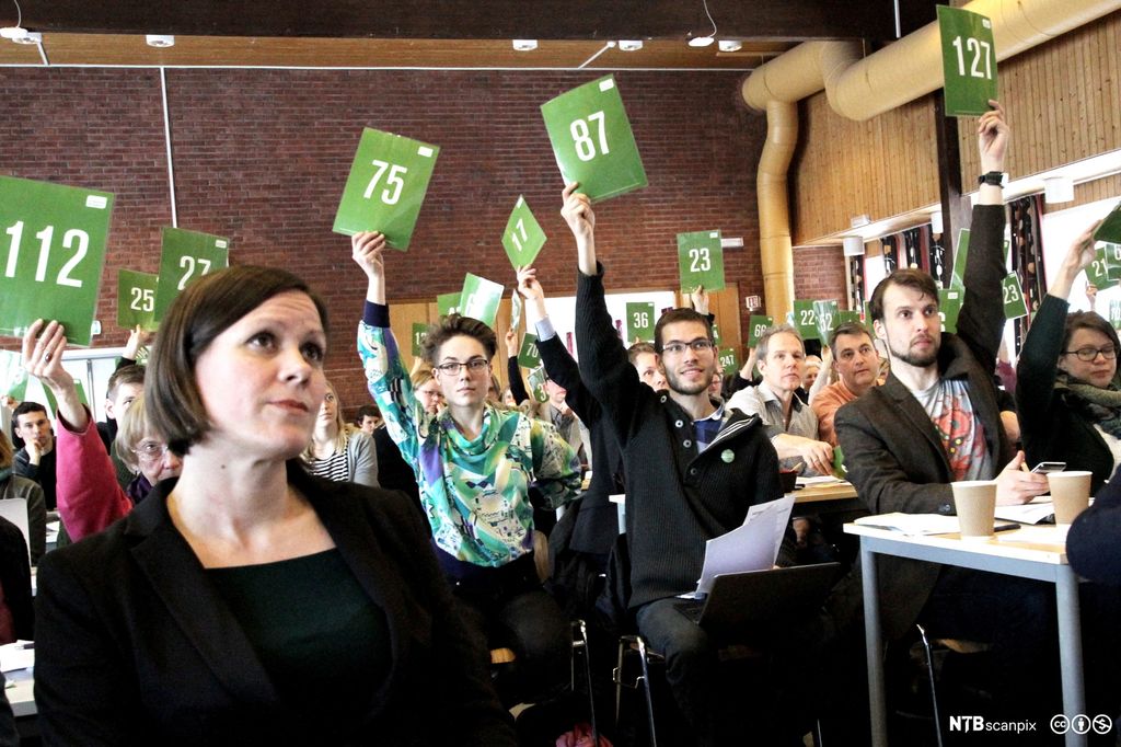 Møtedeltakere som holder opp delegatnummeret sitt i ei avstemning. Foto.
