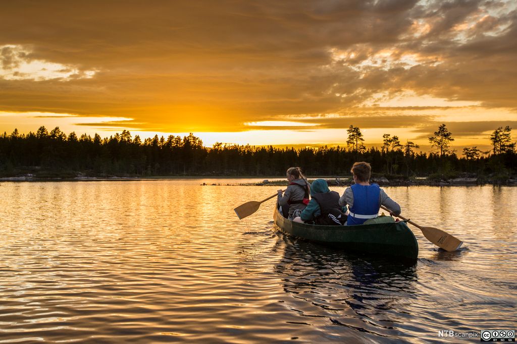 Ungdom på padletur i solnedgang. Foto.