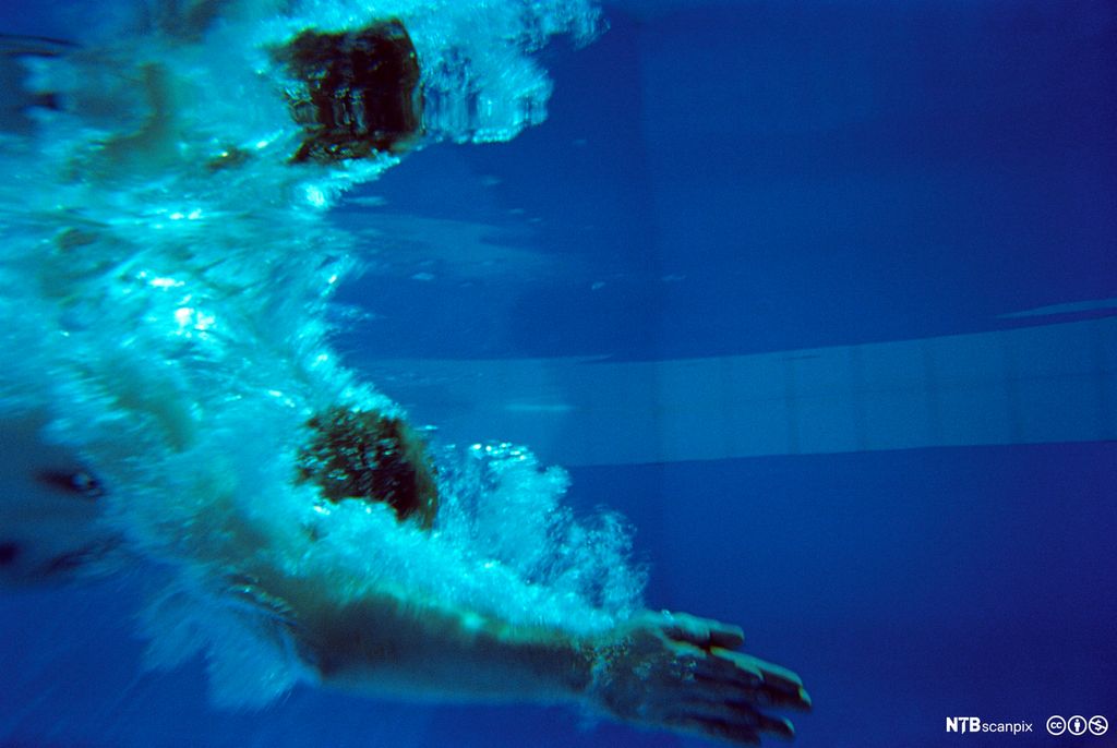 Mann som stuper ned under vann. Foto.