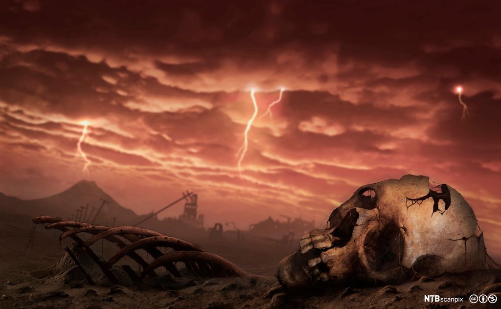 Landskap der alt liv er dødt. Hodeskalle i forgrunnen. Illustrasjon.