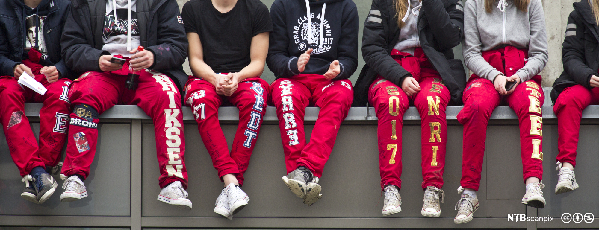 En rekke avgangselever sitter på en lang benk. Bildet er beskåret slik at vi ser russebuksene deres, som er røde og dekorert med store hvite og gullfargede bokstaver og ulike strykemerker. Foto