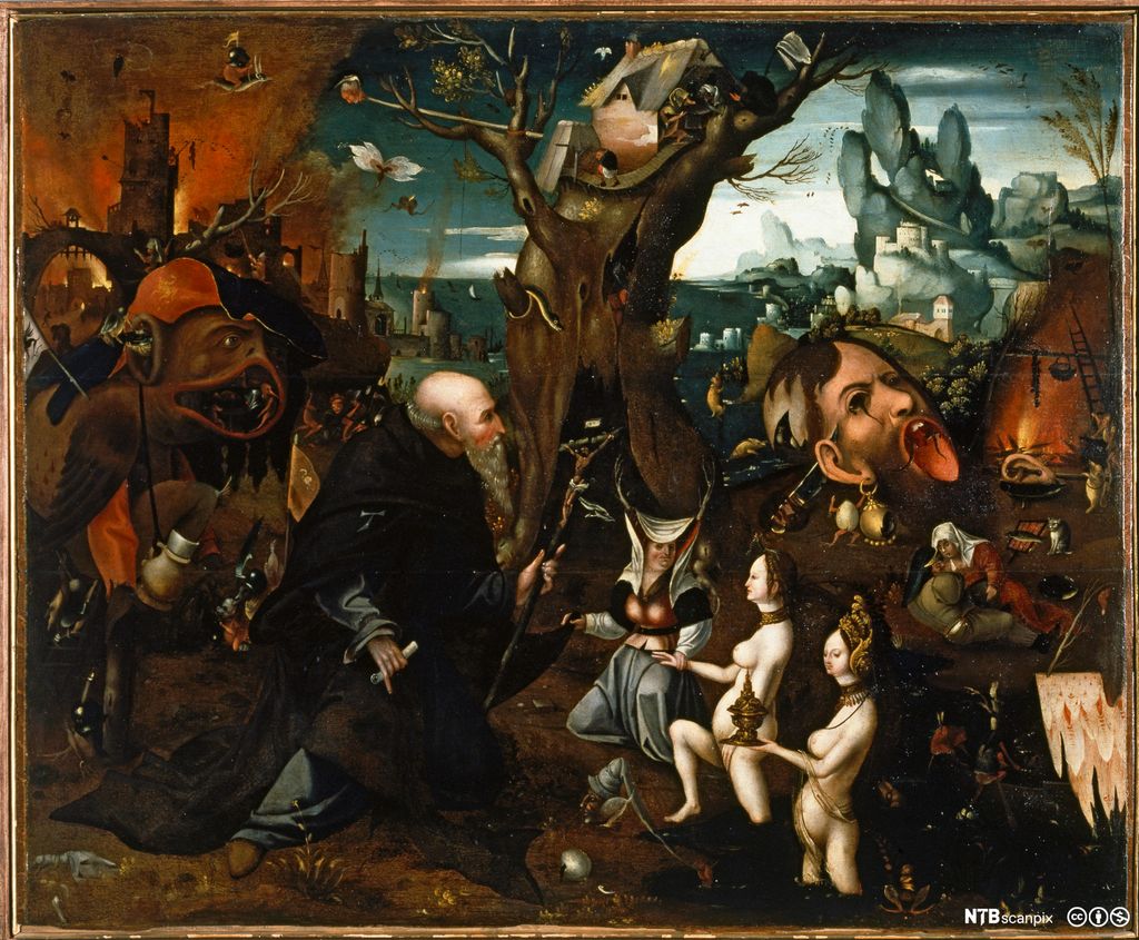 Surrealistisk motiv med ein gammal mann omgitt av ulike fristelser og skremmande figurar og situasjonar. Måleri.