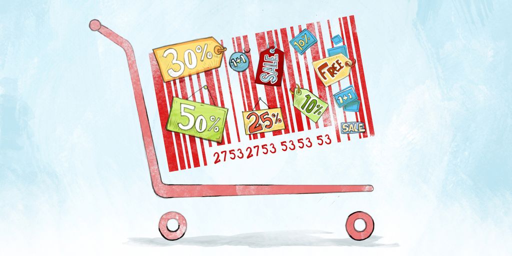 Handlevogn med prislapper og tilbud. Illustrasjon.