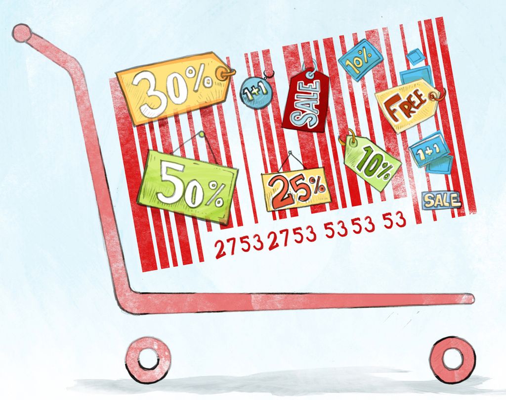 Handlevogn med prislapper og tilbudsplakater. Illustrasjon.