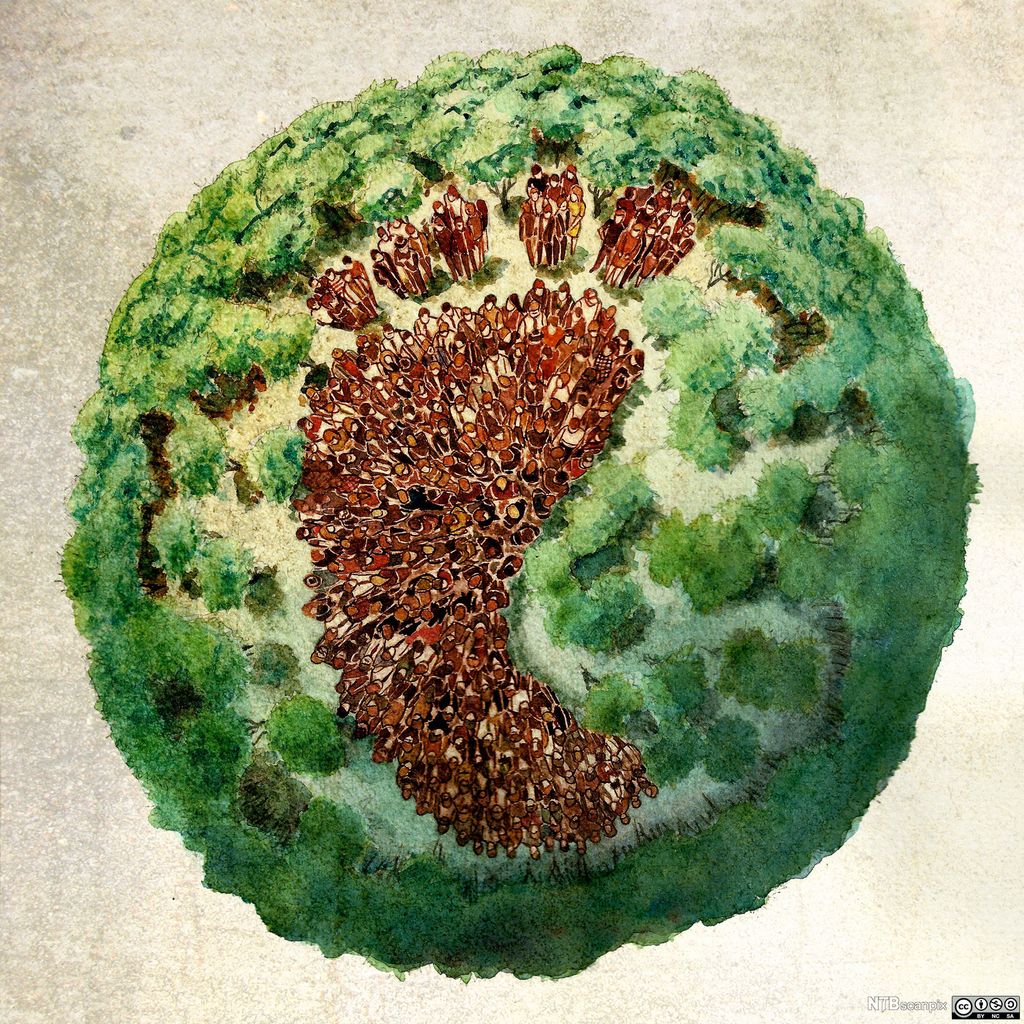 Grønn jordklode der mennesker former et stort fotavtrykk. Illustrasjon.